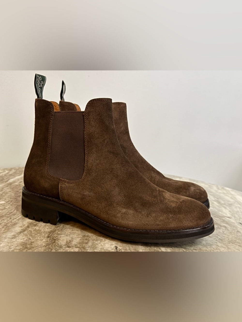 POLO RALPH LAUREN  BROWN SUEDE CHELSEA BOOTS RM 8.5 US $500 LUG SOLE WILLIAMS